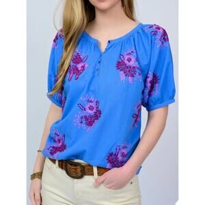 Sister Mary Blouse Blue Cotton Short Sleeve Top Pink Embroidered Floral
